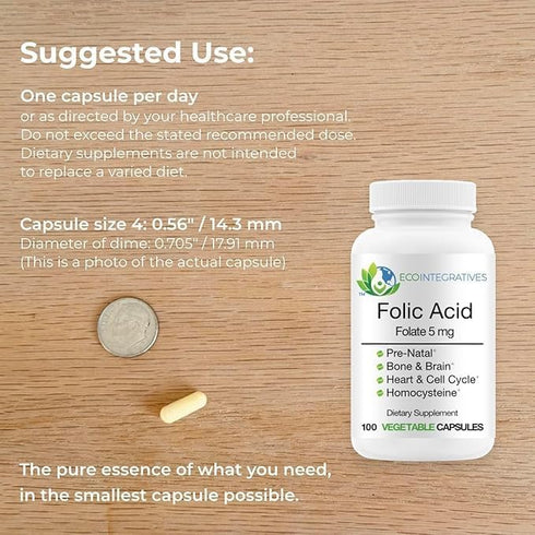 Folic Acid Folate 5mg (B9) Prenatal, Non-GMO Vegan Capsules for Reproductive Health and Immune Support