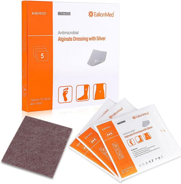 Silver Calcium Alginate Wound Dressing Pad, 4’’x5’’ High Absorbency Non-Stick Gauze for Pressure Ulcers, 5 Packs