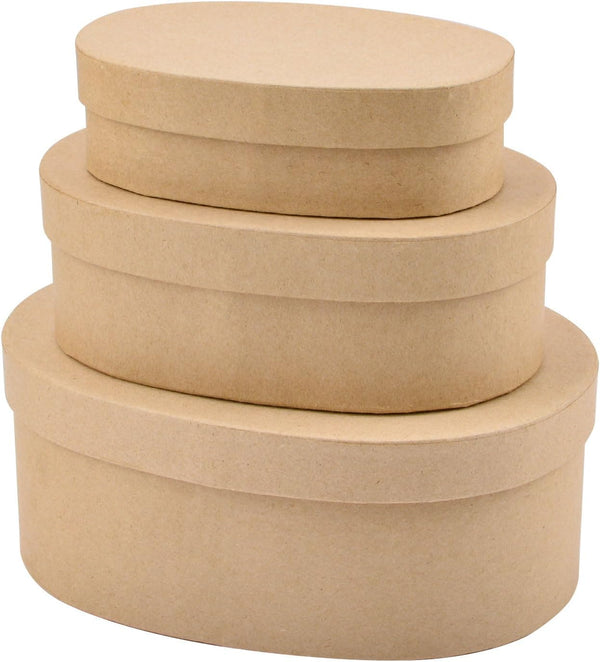 WANDIC Paper Mache Box, Set of 3 Oval Paper Mache Containers with Lids for Painting, Crafting & Storage Accessories