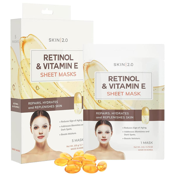 Retinol and Vitamin E Sheet Face Mask, Hydrating Anti-Aging Mask for Diminishing Blemishes and Acne Scars