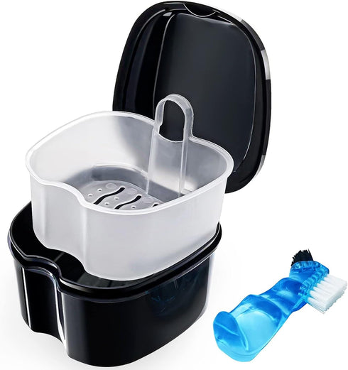 Black Denture Soaking Container, Waterproof Cleaning Case for Partial Denture, Retainer, with Strainer and Lid