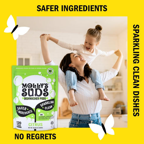 Molly's Suds Dishwasher Pods, Natural Detergent, Cuts Grease & Rinses Clean, 60 Auto-Release Tabs (Citrus)