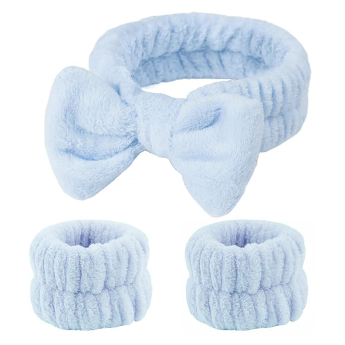 Fmeida Spa Headband and Wristband Set - Light Blue, 3 Pack Spa Night Essentials for Women