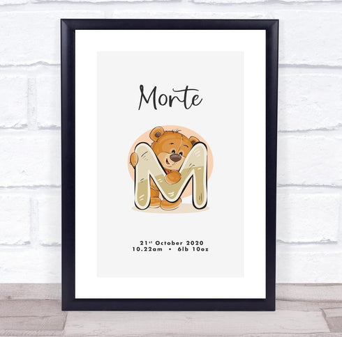 The Card Zoo New Baby Birth Details Christening Nursery Bear Initial M Keepsake Gift Print