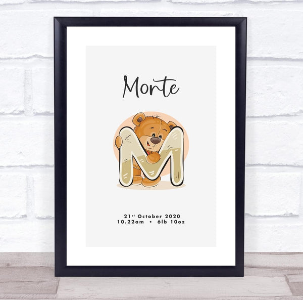 The Card Zoo New Baby Birth Details Christening Nursery Bear Initial M Keepsake Gift Print