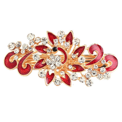 Women's Multilayered Peacock Shaped Rhinestone French Barrette Hair Clip - Red