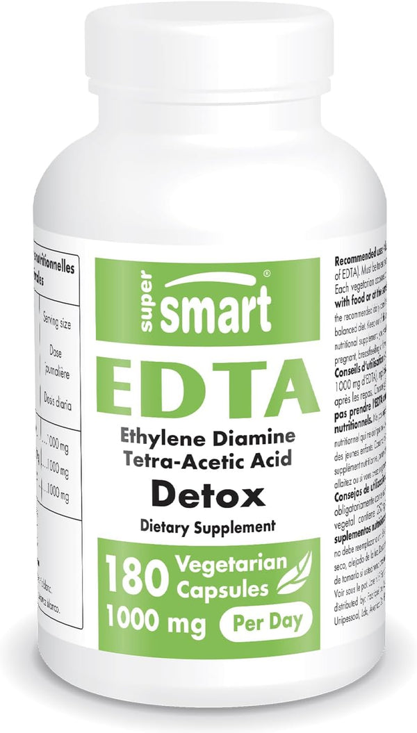 Supersmart EDTA 1000mg Calcium Disodium EDTA Supplement - 180 Vegetarian Capsules, Non-GMO & Gluten Free