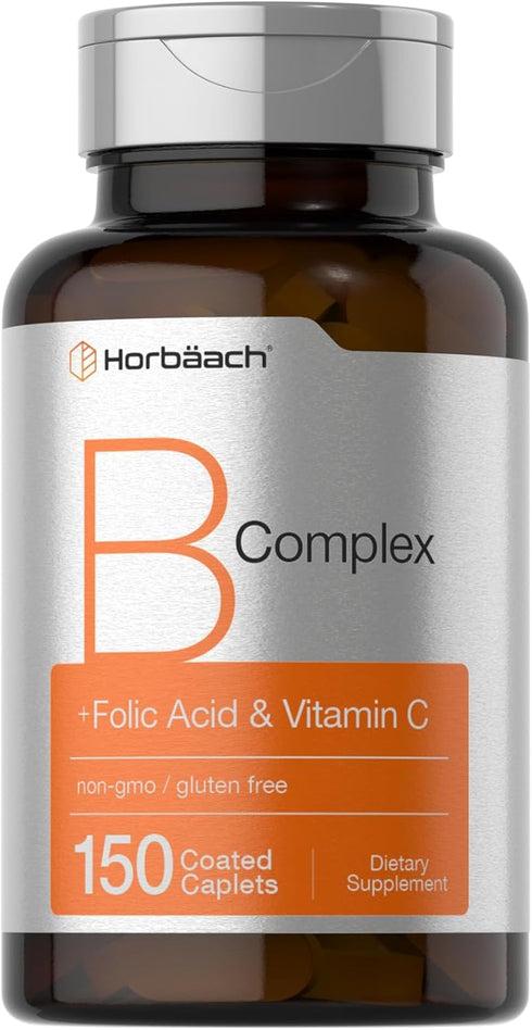 Horbaach B-Complex | 150 Caplets | Plus Folic Acid & Vitamin C | Non-GMO & Gluten Free Supplement