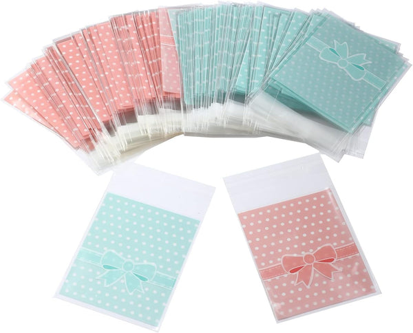 NUOMI 200Pcs Self Adhesive Pink Cookie Bags, Resealable Cellophane Bags for Gift Giving, 3.9"x3.1" with Bow Decoration