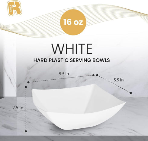 R-kay 6 Pack Square Plastic Serving Bowls, 16 Oz Disposable Heavy Duty White Bowls for Weddings, Catering