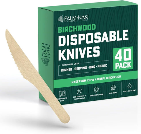PALM NAKI Birchwood Cutlery (40 Count) - Disposable Eco-Friendly, Compostable, and Biodegradable Cutlery (Knives, 40