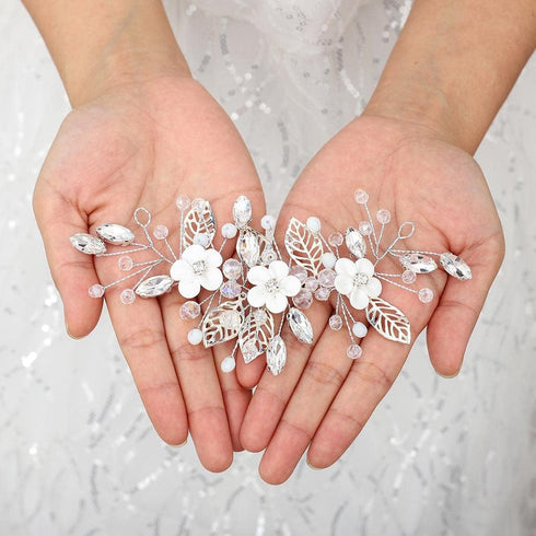 Unicra Silver Flower Bride Wedding Hair Vine Leaf Bridal Hair Piece Rhinestone Hair Accessories Beaded Headpieces Jewelry for Women and Girls