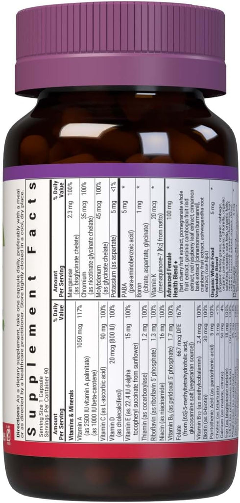 Bluebonnet Nutrition Ladies One Vegetable Capsule - Whole Food Multiple, K2, Non-GMO, 90 Capsules, 3 Month Supply
