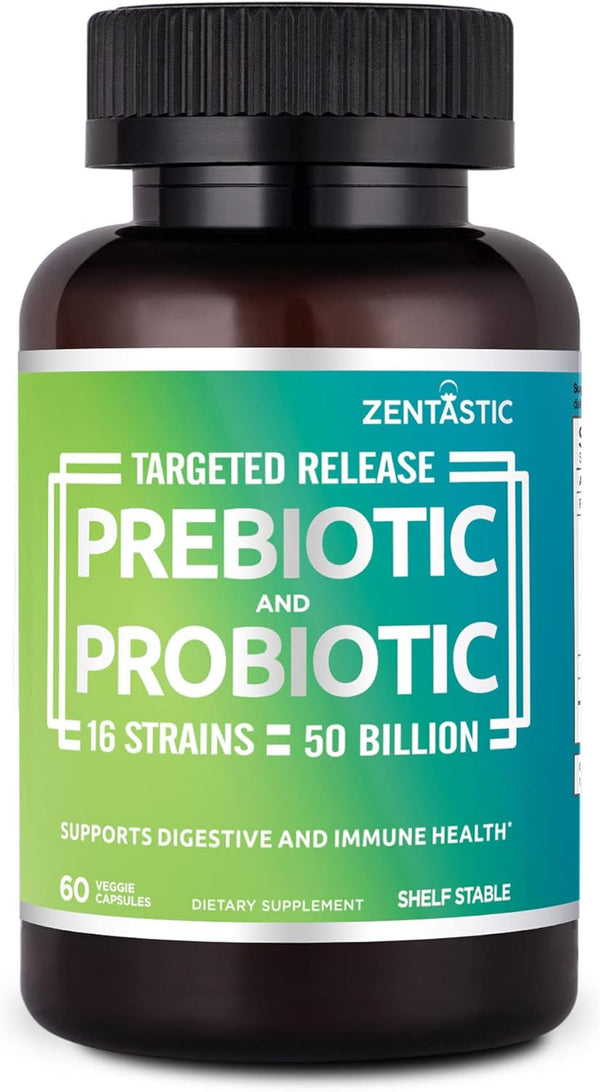 Zentastic Probiotics & Prebiotics Supplement - 50 Billion CFU for Immune & Digestive Health, 60 Veggie Capsules