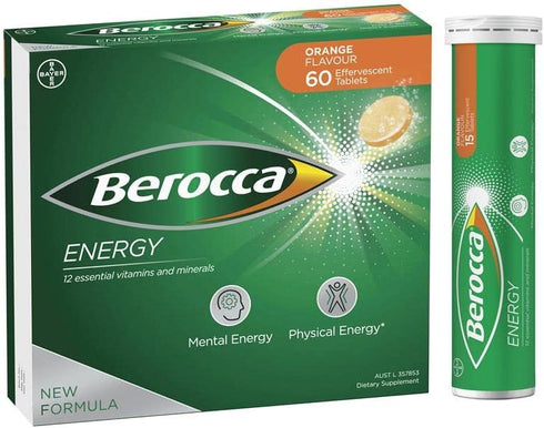 Berocca Energy Effervescent Tablets, Vitamin B & C, Orange Flavour, 60 Pack