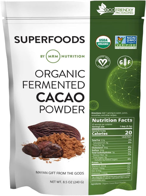 MRM Nutrition Organic Fermented Cacao Powder, Superfood, Antioxidant-rich, Gluten Free + Vegan, 43 Servings