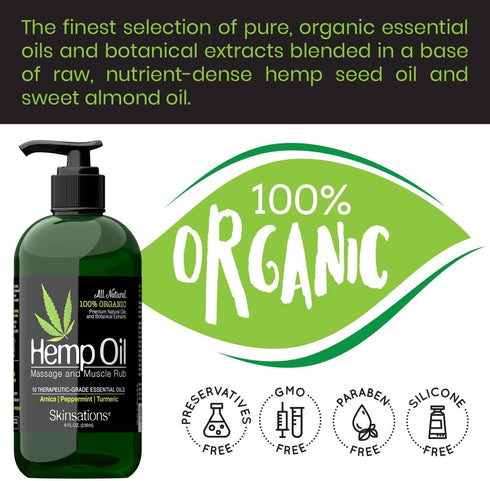 Skinsations Hemp Massage Oil & Sore Muscle Rub, 100% Organic with 10 Essential Oils