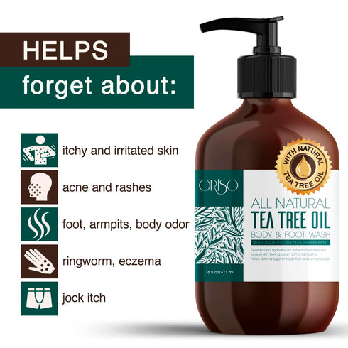 Tea Tree Oil Body Wash - Helps with Athletes Foot, Acne, Eczema, 16oz, Moisturizing Aloe