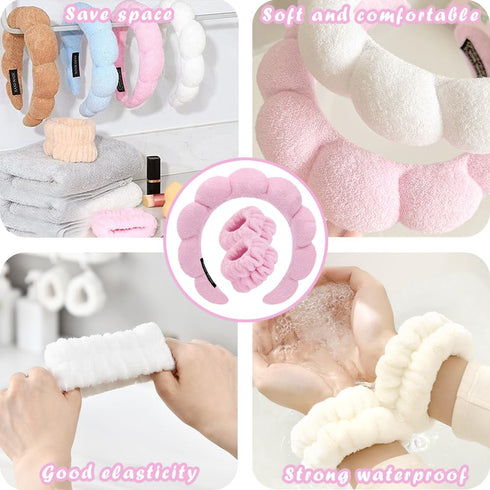 Spa Headbands for Washing Face, Makeup Skincare Wristband Set, Soft Terry Towel Cloth Hairband for Women (Pink).
