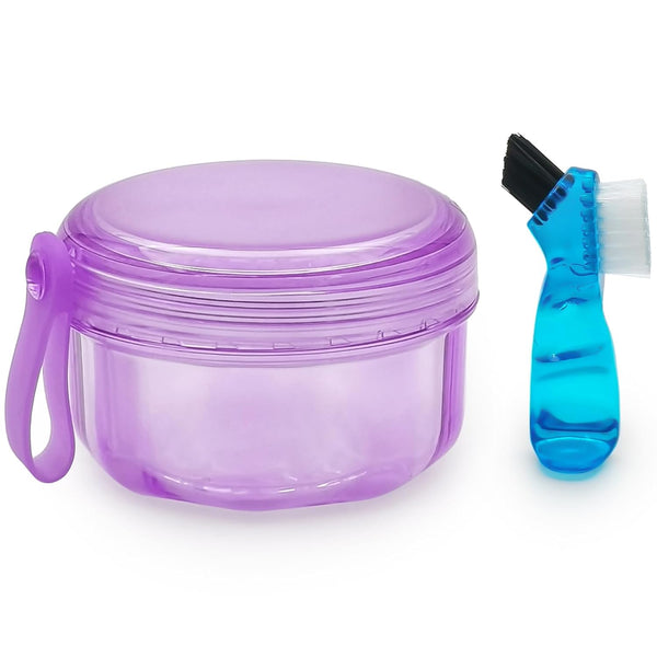Leakproof Denture Case, Purple Denture Soaking Cup, False Teeth Container, Dental Bath Holder Storage Box for Traveling