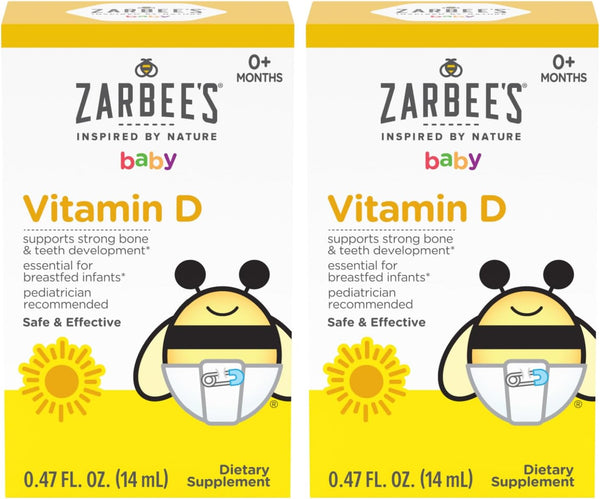 Zarbee's Vitamin D Drops for Infants, 400IU (10mcg), Baby & Toddler Liquid Supplement, 2 Pack, 0.47 Fl Oz Bottles