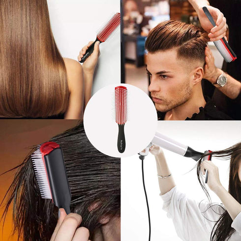 NuAngela Cushion 9 Row Nylon Bristle Brush for Curly Hair, Easy Clean Styling Hairbrush for Detangling