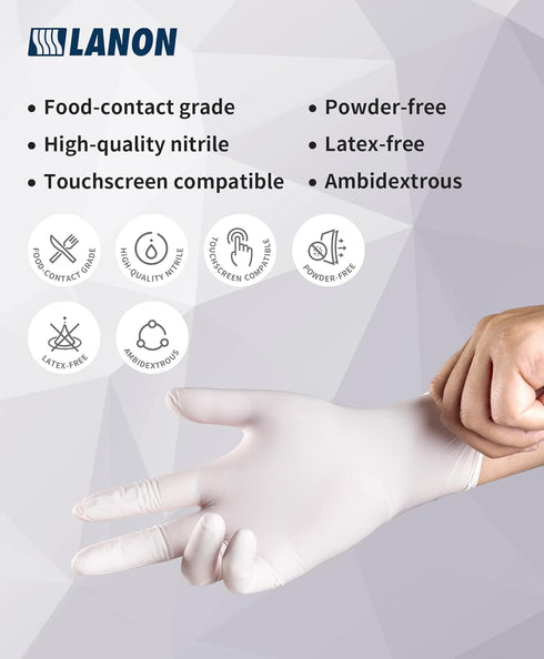 LANON Food Safe White Disposable Nitrile Gloves, Latex-Free, Powder-Free, Textured Fingertips, Cooking, Cleaning, Small