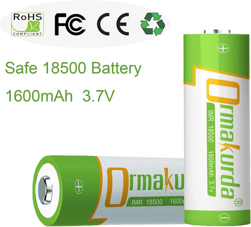 18500 Rechargeable Battery, IMR 18500 1600mAh 3.7V Li-ion with Button Top for Flashlight, Solar Garden Light