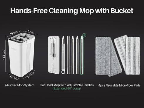 Set 4 JOYMOOP Mop and Bucket with Wringer, Flat Mops for Floor Cleaning, Wall Mop Cleaner with Long Handle, Hardwood