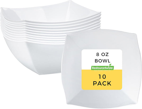 Restaurantware Moderna 8 Ounce Fancy Plastic Bowls, 10 Durable Heavy-duty White Disposable Salad Bowls