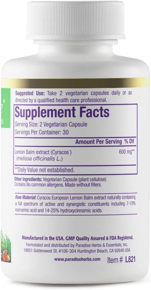 Paradise Herbs Lemon Balm Extract, Super Potent, Ultra Pure, Vegan, Non GMO, Gluten Free, 60 Vegetraian Capsules