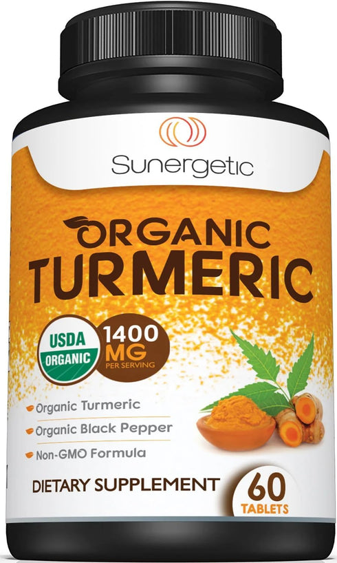USDA Certified Organic Turmeric Supplement, 1,400mg Turmeric per Serving, Organic Black Pepper, 60 Count