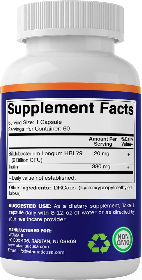 Vitamatic Bifidobacterium Longum, 6 Billion CFU per DR Capsule, 60 Count, Intestinal Health Support