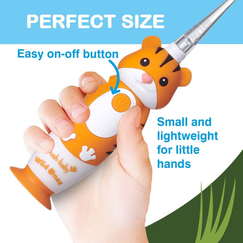 brush-baby WildOnes Kids Electric Toothbrush, Rechargeable, 1 Handle, 3 Brush Heads, USB Charging, Ages 0-10 (Tiger)