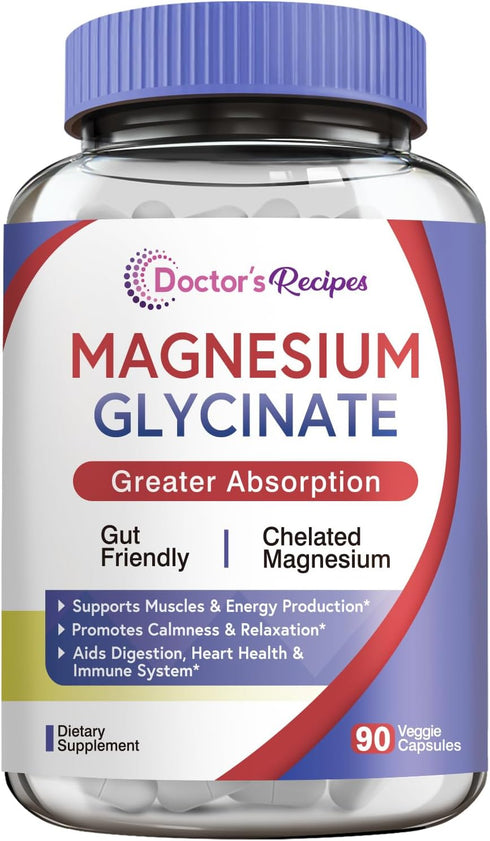 Doctor's Recipes Magnesium Glycinate for Men & Women, 100mg Elemental Mag, 90 Caps, High Absorption