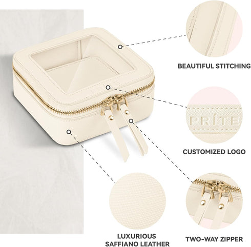 Prite Small Makeup Bag for Women, Portable Clear Cosmetic Bag with Gold Zipper (Beige)