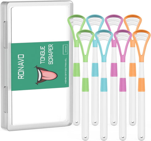 RONAVO Tongue Scraper, 8pcs, BPA Free Tongue Cleaner with Travel Carry Case for Family, Reduce Bad Breath