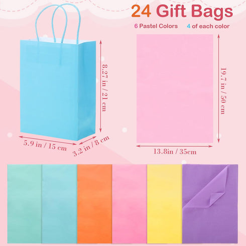 Kolldenn 24 Pack 5.9 3.1 8.3 Inch 6 Pastel Graduation Gift Paper Bags with Tissue Paper x x Colors Rainbow Kraft Goodie