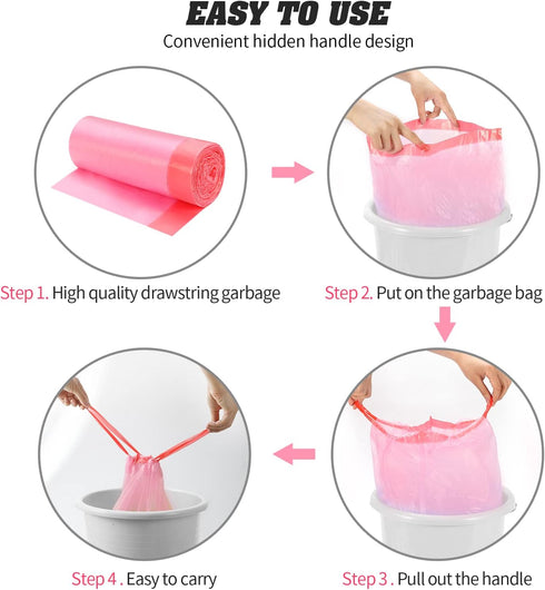 4 Gallon Drawstring Trash Bags, 120 Counts, 6 Rolls for Office, Bathroom, Kitchen, Pink