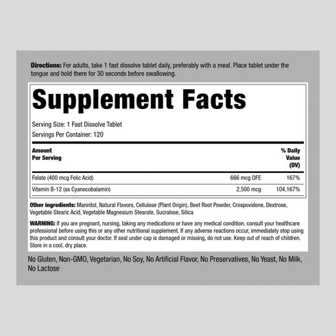 Piping Rock Vitamin B12 Sublingual 2500 mcg | 120 Tablets | Berry Flavor | with Folic Acid | Vegetarian, Non-GMO, Gluten Free Supplement