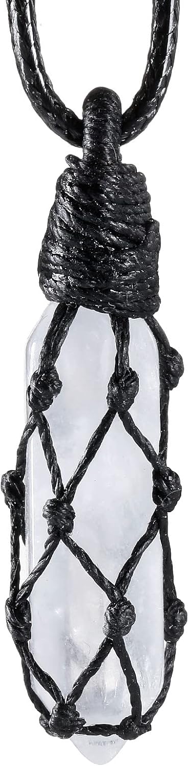 Pack 2 SUNYIK of Black Obsidian & Rock Quartz Pendant Necklace for Couple, Black and White Wire Wrapped Crystal Stone