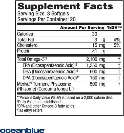 Oceanblue Professional Omega-3 2100 with Turmeric - 60 Count, Triple Strength Burpless Fish Oil for Heart Health