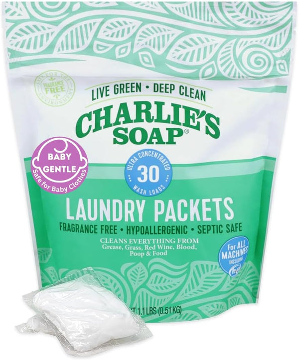 Charlie's Soap - Fragrance Free Laundry Packets Baby Gentle - 30 Count