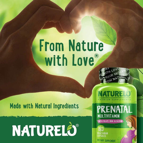 NATURELO Prenatal Multivitamin with Gentle Chelated Iron, Methyl Folate, Plant Calcium & Choline - Vegan, 180 Capsules