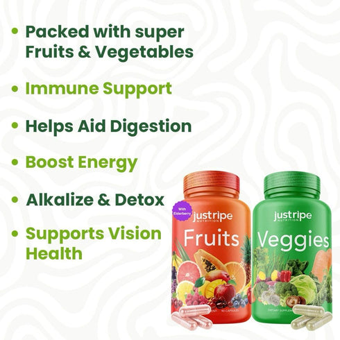 Fruits and Veggies Supplement - 90 Fruit and 90 Vegetable Capsules, 100% Whole Natural Superfood, Supports Energy