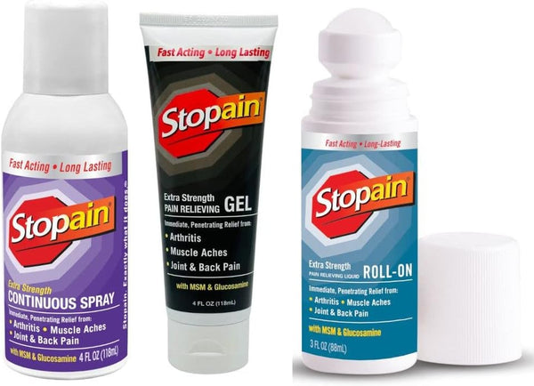 Stopain Pain Relief Combo Set (Gel, Roll On, Spray), Max Strength Fast Acting with MSM, Glucosamine, Menthol