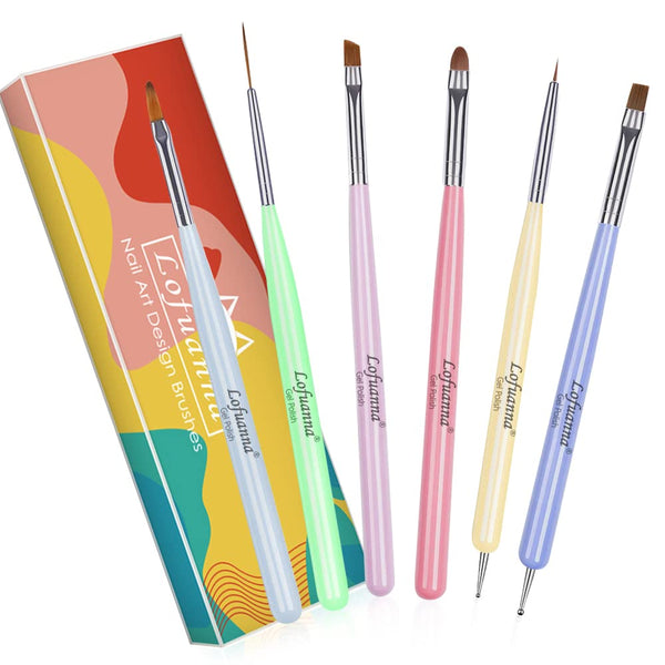 Nail Art Brushes Set, Lofuanna 6Pcs Design Tools with Poly Extension Gel Brush and Dotting Pen