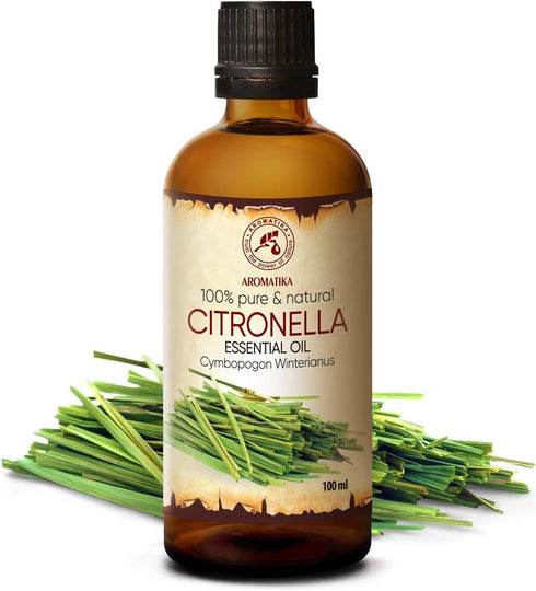 Citronella Essential Oil 3.4 Fl Oz (100ml) - Glass Bottle - Cymbopogon Winterianus - 100% Pure & Natural Citronella Oil for Massage - Sauna - Cosmetics