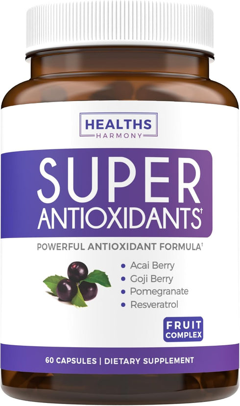 Super Antioxidants Supplement - Daily Blend of Acai Berry, Goji, Pomegranate & Trans Resveratrol - 60 Capsules