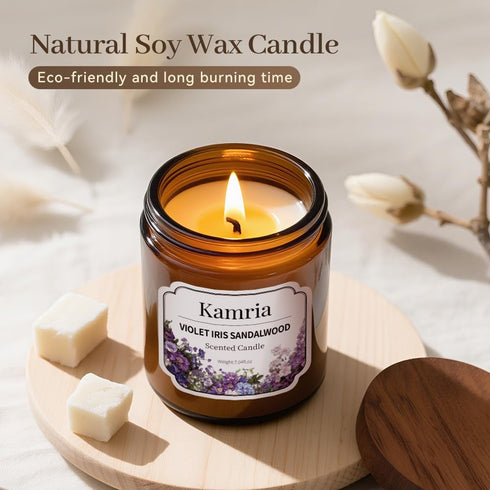 Kamria 7oz Violet Iris Sandalwood Candle, Elegant Floral Woody Aromatherapy in Amber Glass Jar, Natural Soy Wax